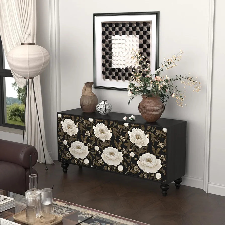 Floral Wallpaper Peel and Stick White Peony Flowers Contact Paper 17.5" x 118" Dark Botanical Wall Paper Waterproof Self Adhesive Removable for Bedroom Shelves Cabinet Drawer Decor