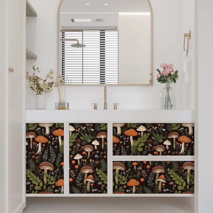 Mushroom Wallpaper Peel and Stick, Dark Boho Contact Paper 17.5" x 118", Vintage Floral Wall Paper Self Adhesive Removable Waterproof for Room Shelves Cabinet Drawer Table