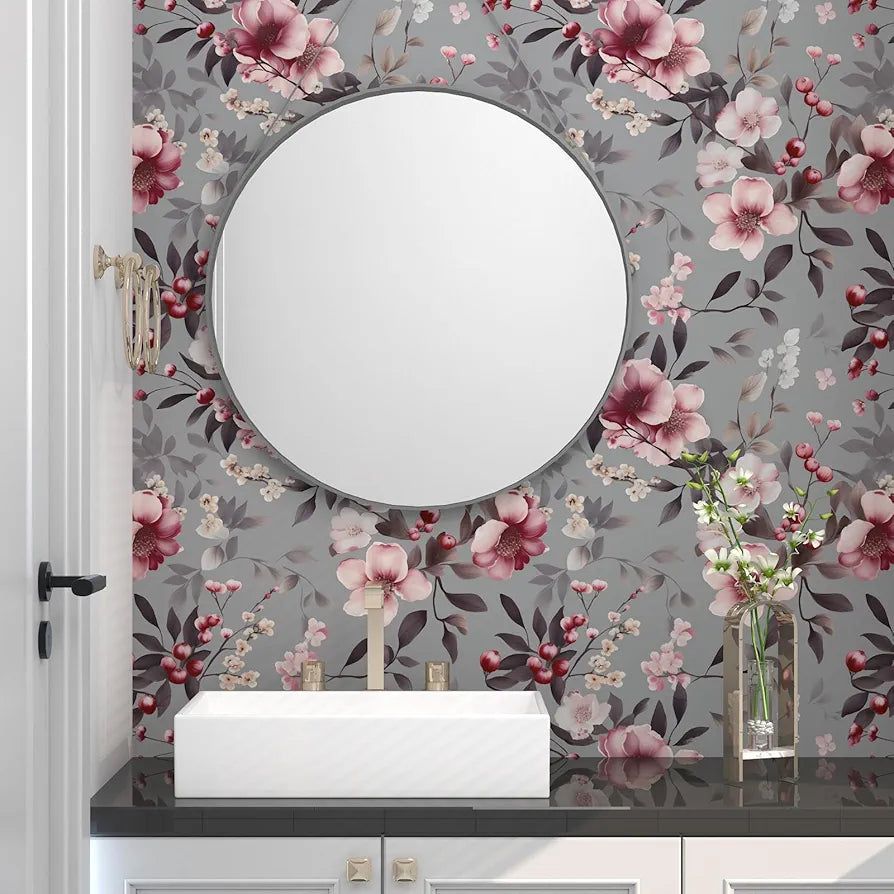 Pink Flowers Wallpaper Peel and Stick, Grey Floral Contact Paper, Vintge Botanical Boho Wall Paper Self Adhesive Waterproof Removable for Room Shelves Cabinet Drawer Table Decor 17.5" x 118"