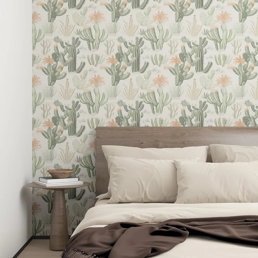 Cactus Wallpaper Peel and Stick, Beige Green Succulent Contact Paper, 17.5" x 118" Floral Boho Botanical Wall Paper Self Adhesive Removable Waterproof for Bedroom Cabinet Drawer Table Decor