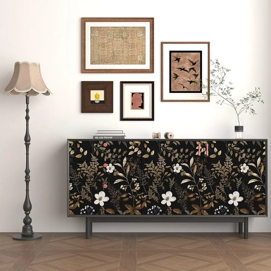 Black Floral Wallpaper Peel and Stick Boho Wallpapers 17.5" x 118" Gold Leaf Contact Paper for Cabinets Waterproof Self Adhesive Removable Wall Paper for Kitchen Table Countertop Walls