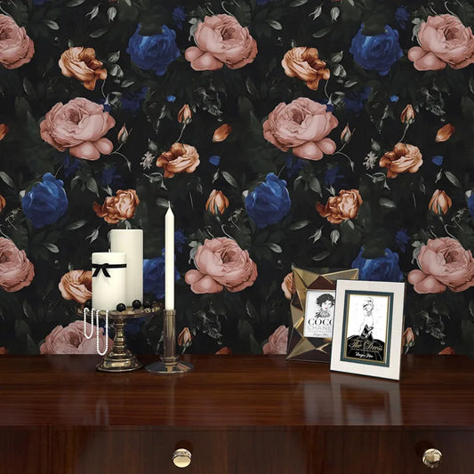 Black Floral Wallpaper Peel and Stick, Dark Vintage Rose Contact Paper, Waterproof Self Adhesive Orange/Pink Flower Boho Wall Paper 17.5in x 118in for Bedroom Walls Bookcase Shelf Table Drawers Decor