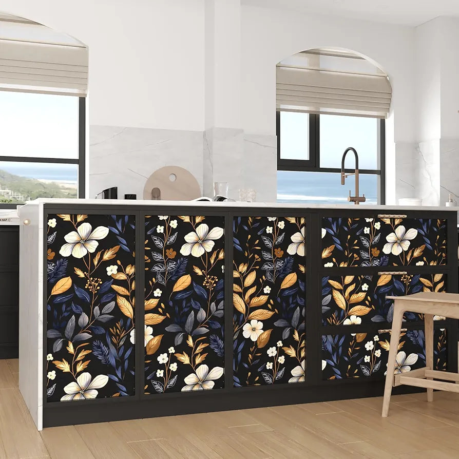 Blue/Gold Leaf Wallpaper Peel and Stick Vintage Dark Floral Wallpaper Waterproof Self Adhesive Removable Boho Wall Paper Modern for Bedroom Walls Drawer Cabinet 17.5in x118in