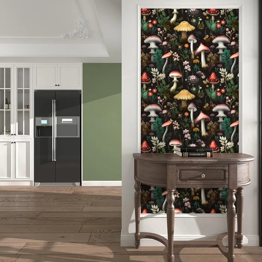 Mushroom Wallpaper Peel and Stick Boho Wallpaper 17.5in x 9.8ft Floral Contact Paper Vinyl Self Adhesive Waterproof Dark Floral Wall Paper for Bathroom Stairs Entryway Cabinet Kitchen