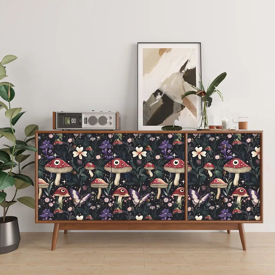 Fairy Mushroom Wallpaper Peel and Stick Boho Wallpaper 17.5in x118in Vintage Contact Paper Vinyl Self Adhesive Dark Floral Modern Wall Paper for Bedroom Cabinet Table Locker