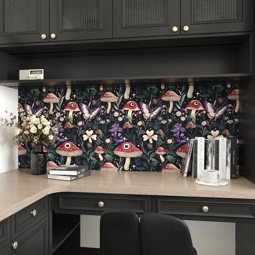 Fairy Mushroom Wallpaper Peel and Stick Boho Wallpaper 17.5in x118in Vintage Contact Paper Vinyl Self Adhesive Dark Floral Modern Wall Paper for Bedroom Cabinet Table Locker