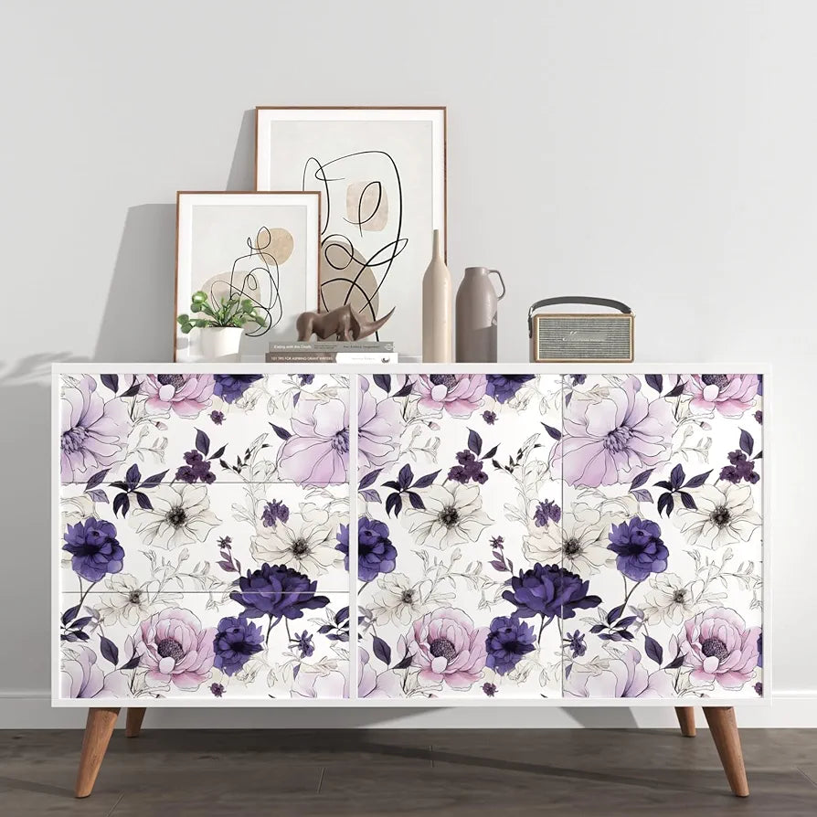 Floral Peel and Stick Wallpaper,Purple/White/Pink Watercolor Flower Contact Paper, Botanical Wall Paper Mural Self Adhesive Removable Waterproof for Bedroom Shelves Cabinet Drawer Table 17.5" x 118"
