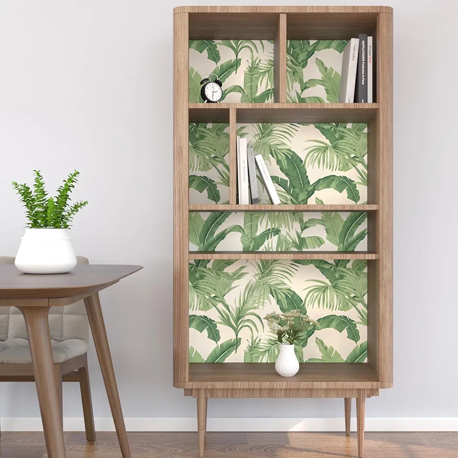 Leaf Wallpaper Peel and Stick, Beige Green Botanical Contact Paper, Tropical Palm Leaves Wall Paper Self Adhesive Waterproof Removable for Room Shelves Cabinet Drawer Table 17.5" x 118"