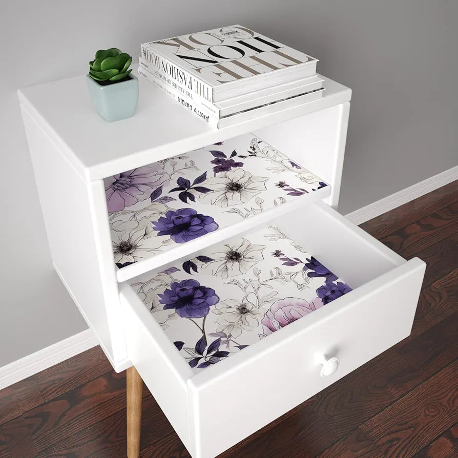 Floral Peel and Stick Wallpaper,Purple/White/Pink Watercolor Flower Contact Paper, Botanical Wall Paper Mural Self Adhesive Removable Waterproof for Bedroom Shelves Cabinet Drawer Table 17.5" x 118"