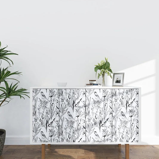 Black and White Wallpaper Peel and Stick Vintage Floral Contact Paper Self Adhesive Wall Paper Botanical Birds Decor Wall Paper for Cabinets Walls 17.5in x 9.8ft