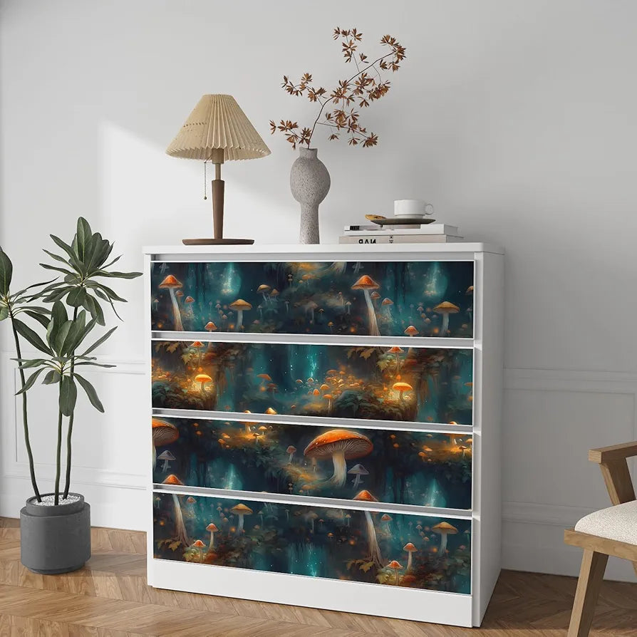 Wonderland Mushroom Wallpaper Peel and Stick, Bule/Orange Mystic Contact Paper, Botanical Boho Wall Paper Self Adhesive Waterproof Removable for Room Shelves Cabinet Drawer Table Decor 17.5" x 118"