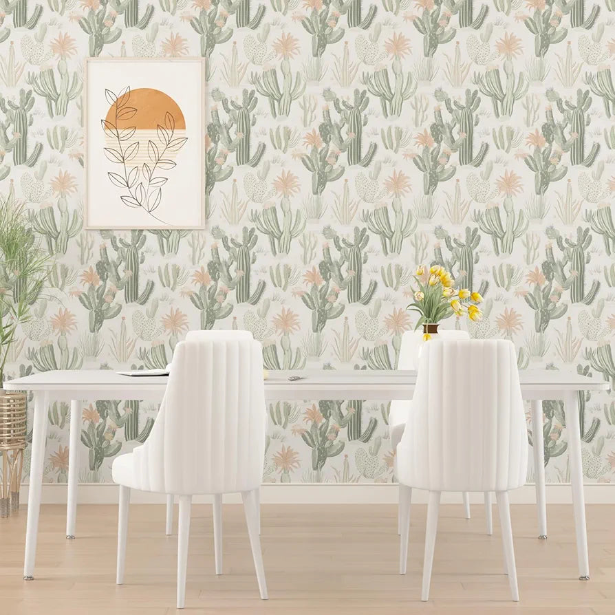 Cactus Wallpaper Peel and Stick, Beige Green Succulent Contact Paper, 17.5" x 118" Floral Boho Botanical Wall Paper Self Adhesive Removable Waterproof for Bedroom Cabinet Drawer Table Decor