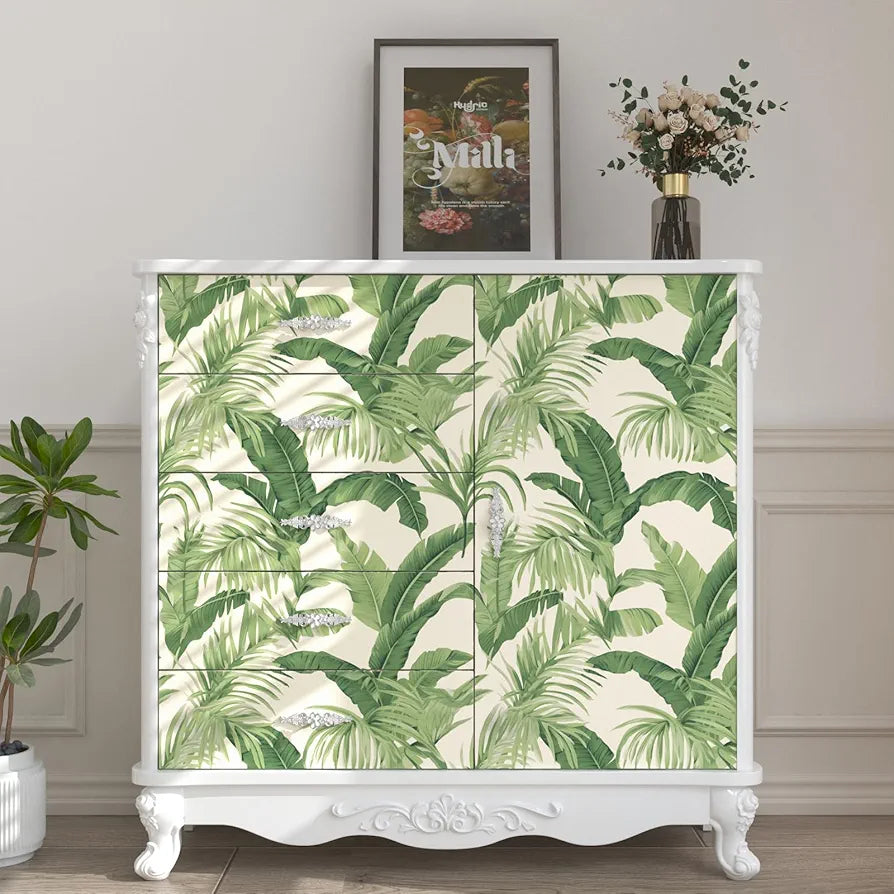 Leaf Wallpaper Peel and Stick, Beige Green Botanical Contact Paper, Tropical Palm Leaves Wall Paper Self Adhesive Waterproof Removable for Room Shelves Cabinet Drawer Table 17.5" x 118"