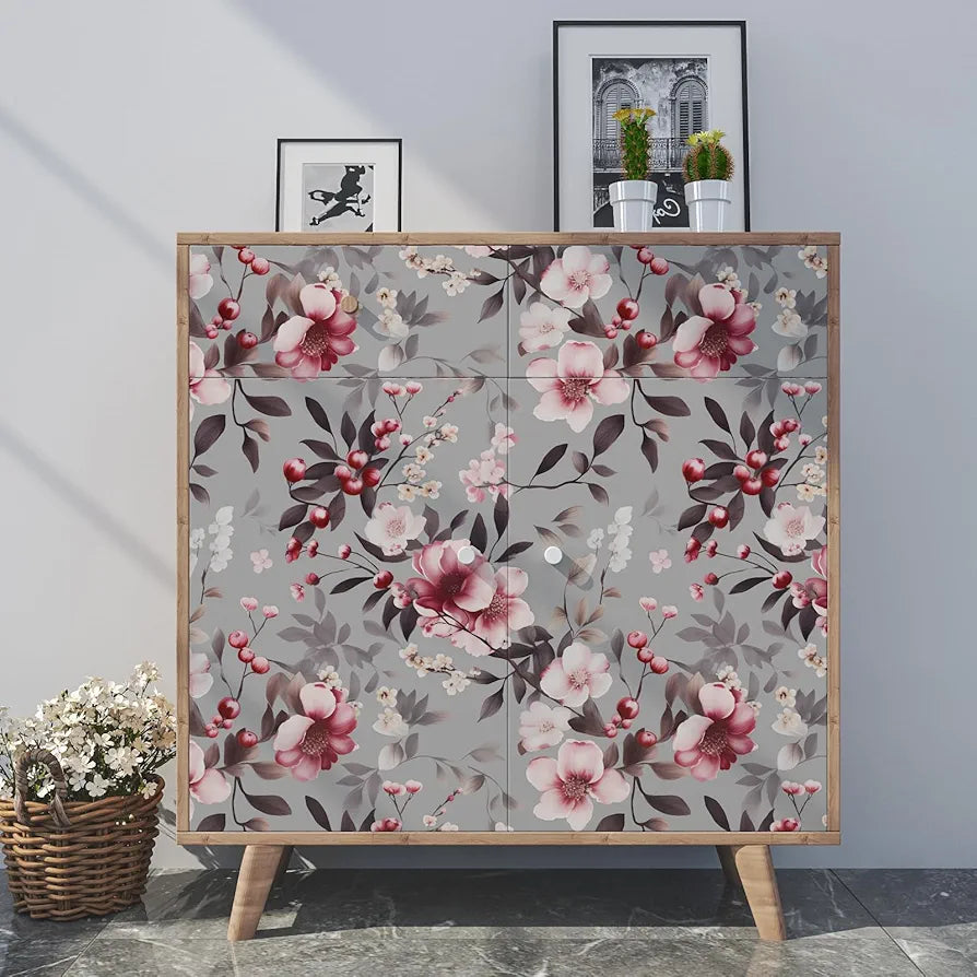 Pink Flowers Wallpaper Peel and Stick, Grey Floral Contact Paper, Vintge Botanical Boho Wall Paper Self Adhesive Waterproof Removable for Room Shelves Cabinet Drawer Table Decor 17.5" x 118"