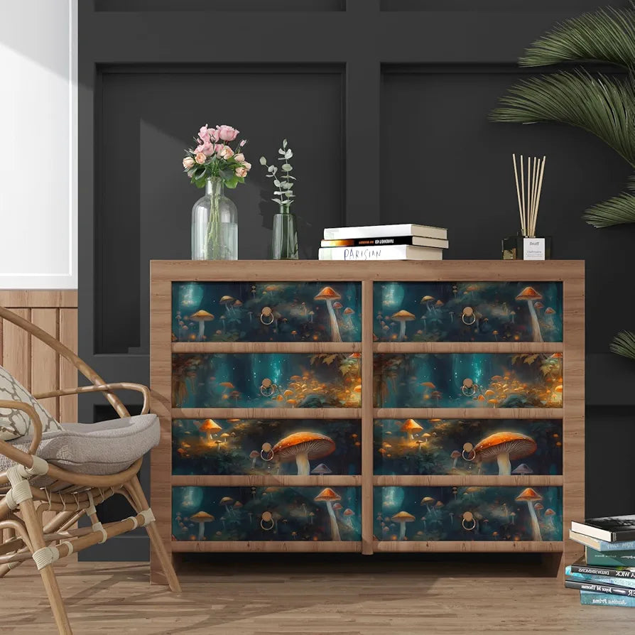 Wonderland Mushroom Wallpaper Peel and Stick, Bule/Orange Mystic Contact Paper, Botanical Boho Wall Paper Self Adhesive Waterproof Removable for Room Shelves Cabinet Drawer Table Decor 17.5" x 118"