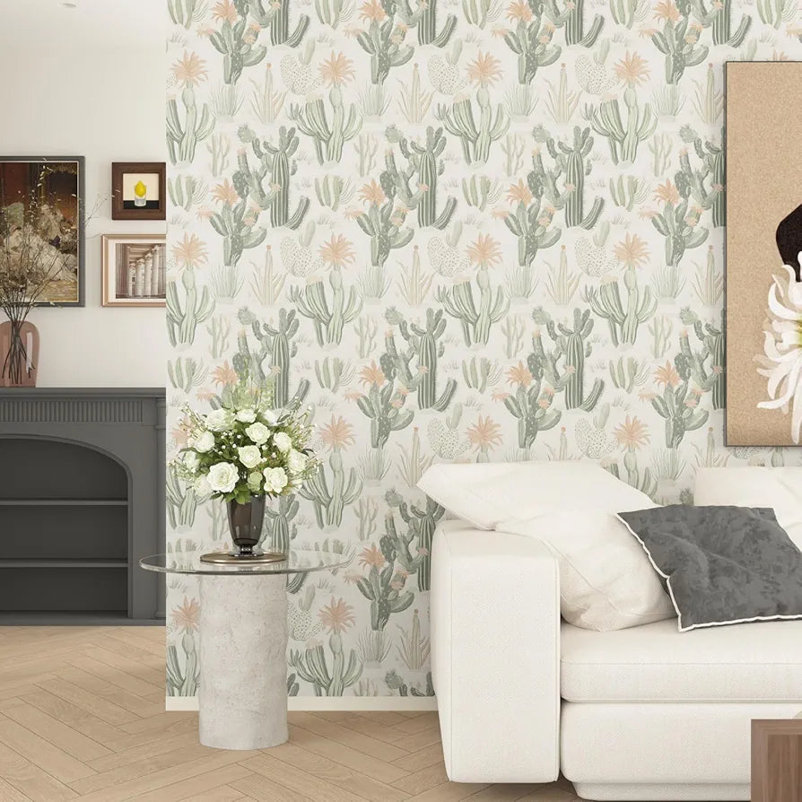 Cactus Wallpaper Peel and Stick, Beige Green Succulent Contact Paper, 17.5" x 118" Floral Boho Botanical Wall Paper Self Adhesive Removable Waterproof for Bedroom Cabinet Drawer Table Decor