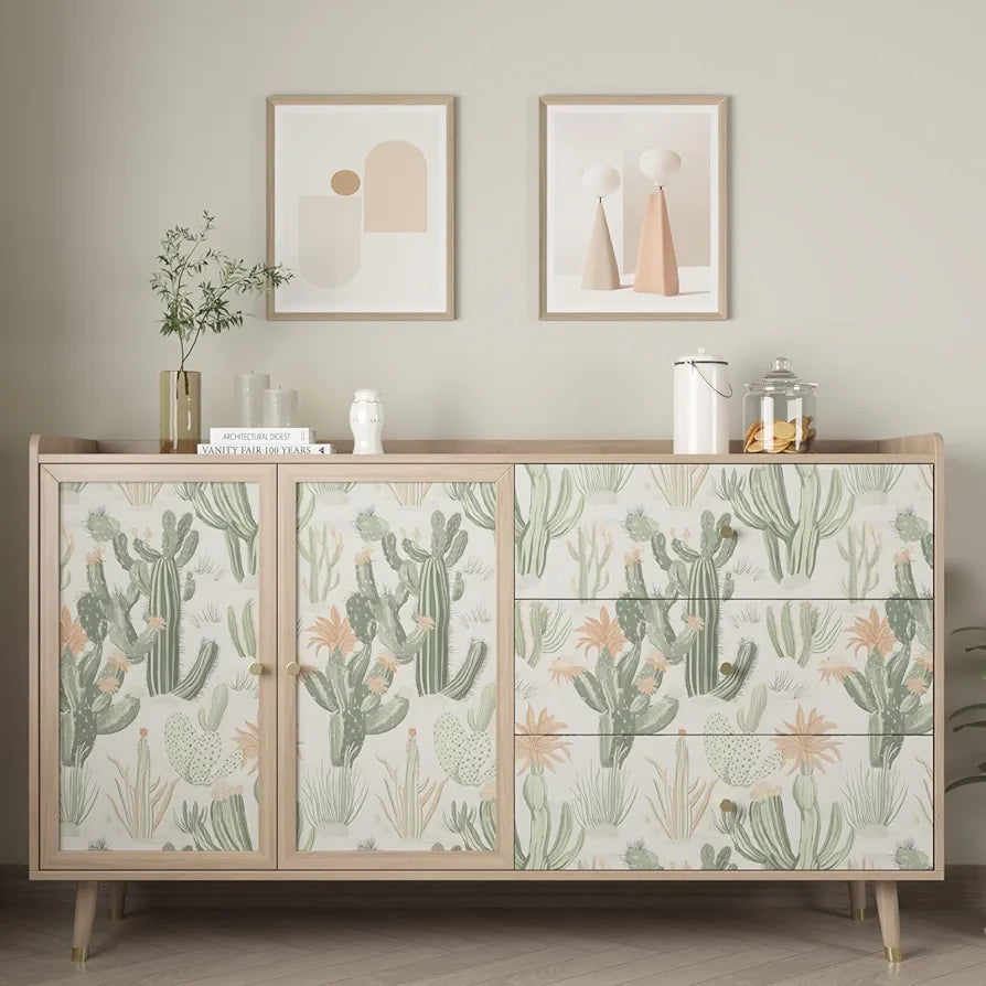 Cactus Wallpaper Peel and Stick, Beige Green Succulent Contact Paper, 17.5" x 118" Floral Boho Botanical Wall Paper Self Adhesive Removable Waterproof for Bedroom Cabinet Drawer Table Decor
