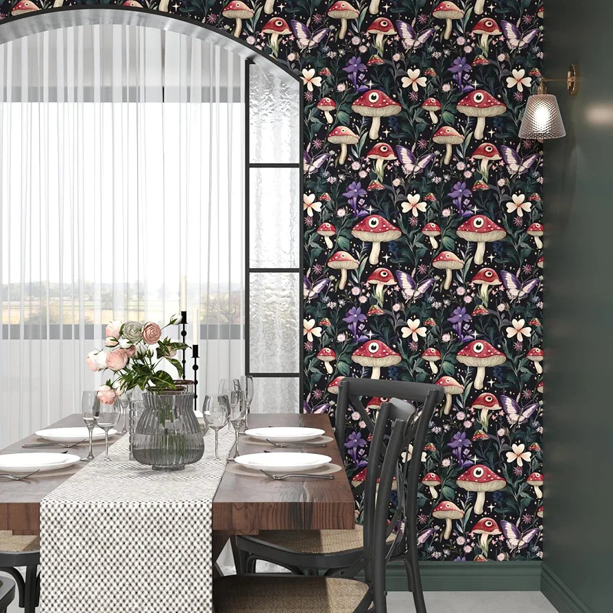 Fairy Mushroom Wallpaper Peel and Stick Boho Wallpaper 17.5in x118in Vintage Contact Paper Vinyl Self Adhesive Dark Floral Modern Wall Paper for Bedroom Cabinet Table Locker