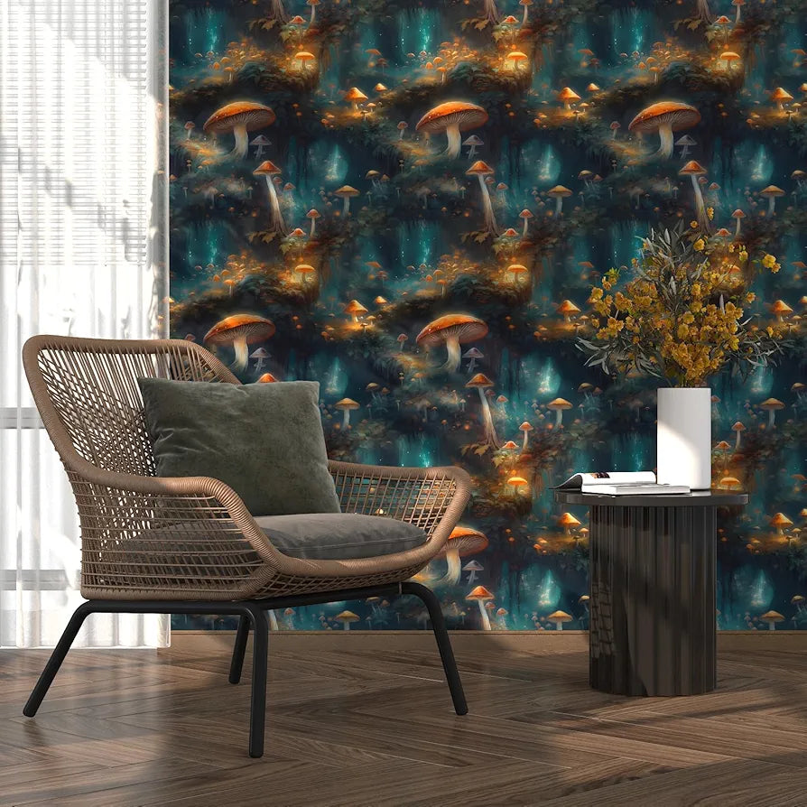 Wonderland Mushroom Wallpaper Peel and Stick, Bule/Orange Mystic Contact Paper, Botanical Boho Wall Paper Self Adhesive Waterproof Removable for Room Shelves Cabinet Drawer Table Decor 17.5" x 118"