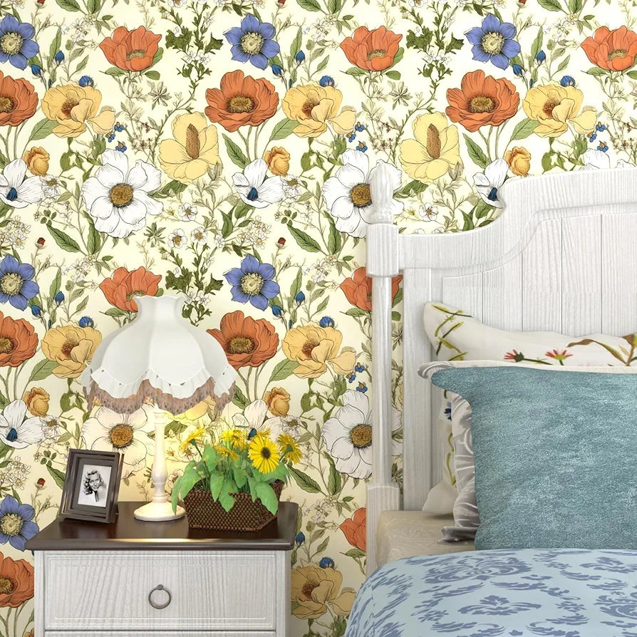Yellow Floral Wallpaper Peel and Stick, Yellow/Orange Blooming Flowers Contact Paper, Botanical Wall Paper Self Adhesive Waterproof Removable for Bedroom Walls Shelves Cabinet Table 17.5" x 118"