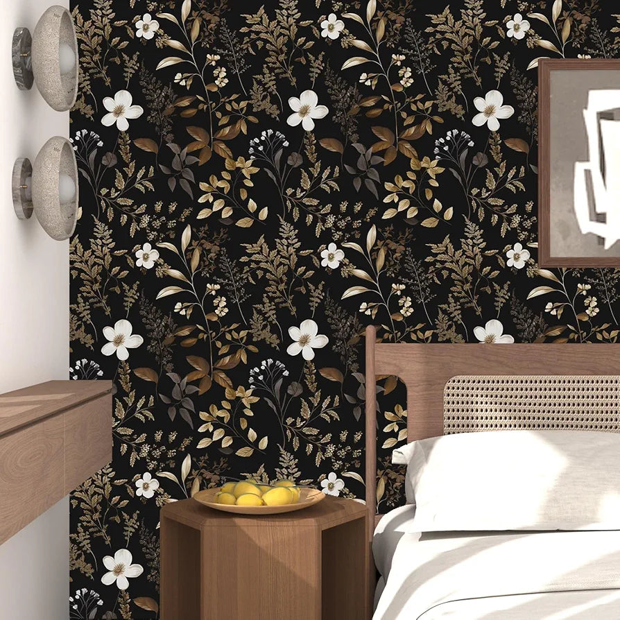 Black Floral Wallpaper Peel and Stick Boho Wallpapers 17.5" x 118" Gold Leaf Contact Paper for Cabinets Waterproof Self Adhesive Removable Wall Paper for Kitchen Table Countertop Walls