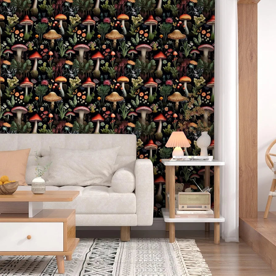 Mushrooms Wallpaper Peel and Stick, Vintage Dark Contact Paper 17.5" x 118", Boho Floral Wall Paper Mural Removable Self Adhesive Waterproof for Room Shelves Cabinet Drawer Table
