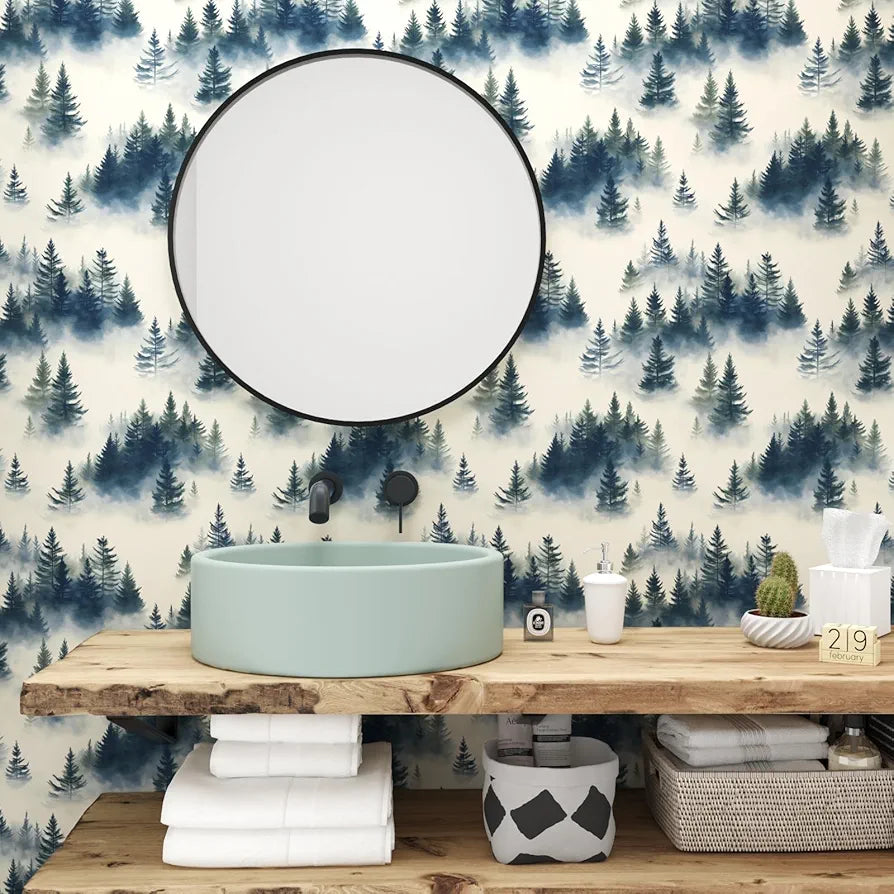Blue Foggy Forest Wallpaper Peel and Stick Misty Woodland Tree Wall Mural Boho Wallpaper 17.5" x 118" Waterproof Self-Adhesive Modern Floral Wall Paper for Room Cabinet Kitchen Locker