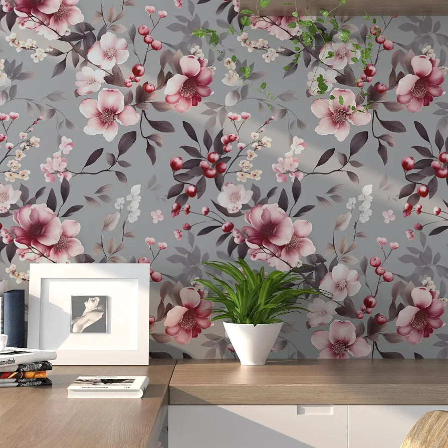 Pink Flowers Wallpaper Peel and Stick, Grey Floral Contact Paper, Vintge Botanical Boho Wall Paper Self Adhesive Waterproof Removable for Room Shelves Cabinet Drawer Table Decor 17.5" x 118"