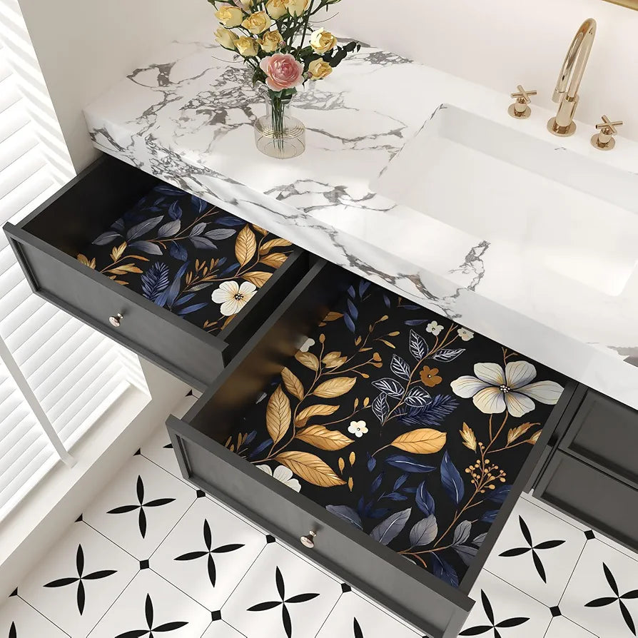 Blue/Gold Leaf Wallpaper Peel and Stick Vintage Dark Floral Wallpaper Waterproof Self Adhesive Removable Boho Wall Paper Modern for Bedroom Walls Drawer Cabinet 17.5in x118in