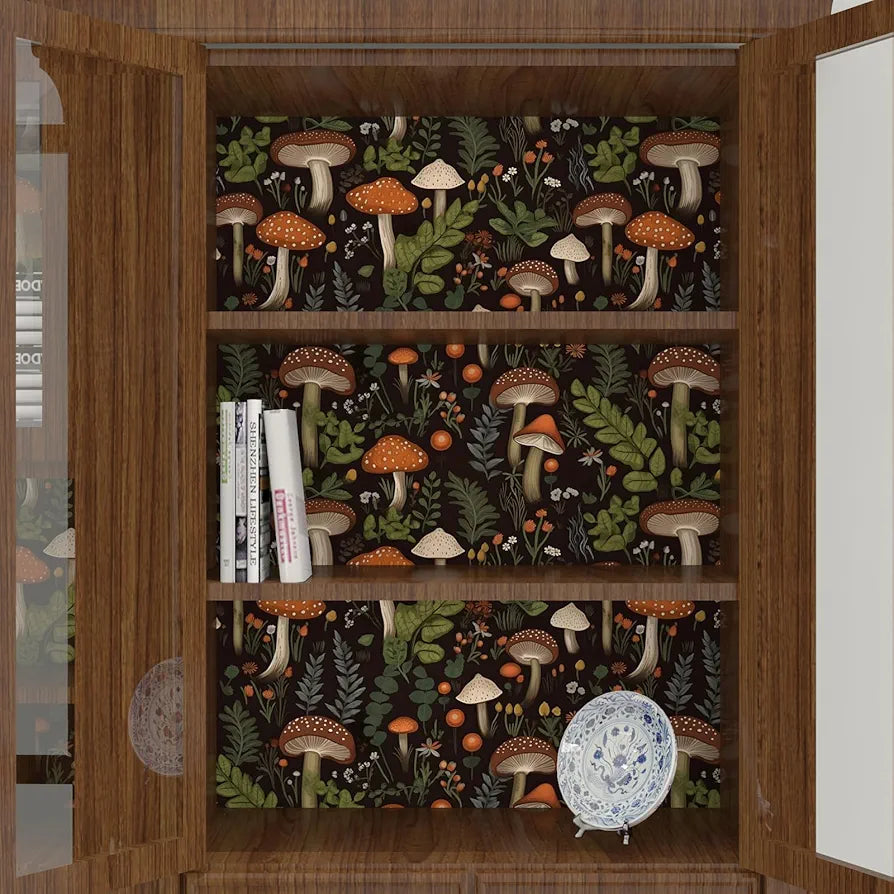 Mushroom Wallpaper Peel and Stick, Dark Boho Contact Paper 17.5" x 118", Vintage Floral Wall Paper Self Adhesive Removable Waterproof for Room Shelves Cabinet Drawer Table