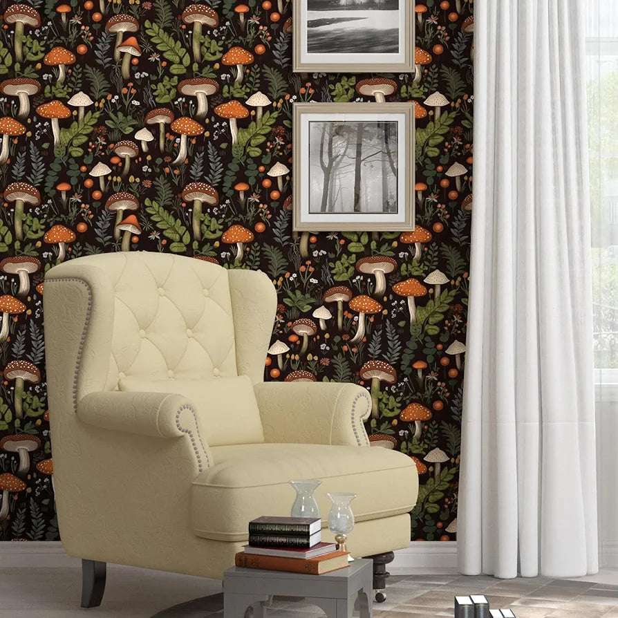 Mushroom Wallpaper Peel and Stick, Dark Boho Contact Paper 17.5" x 118", Vintage Floral Wall Paper Self Adhesive Removable Waterproof for Room Shelves Cabinet Drawer Table