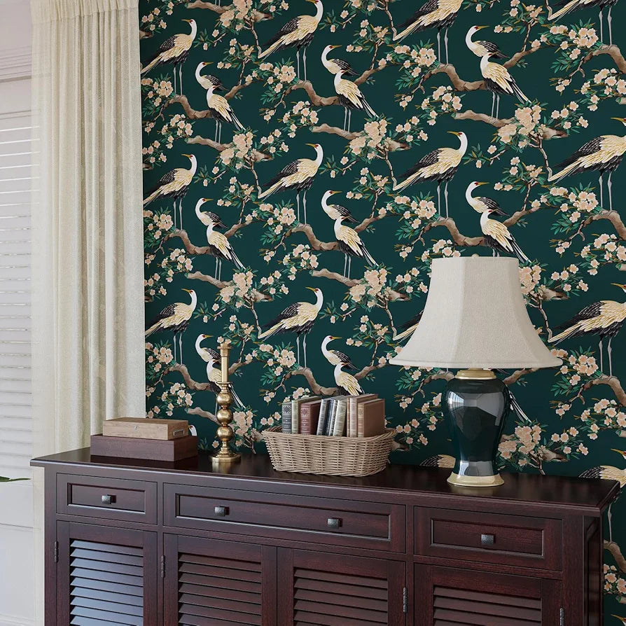 Dark Green Swan Peel and Stick Wallpaper, Crane Bird Floral Contact Paper 17.5 x 118in , Boho Vinyl Wall Paper Mural Removable Self-adhesive Waterproof for Bedroom Cabinet Shelf Drawer Renter Friendly