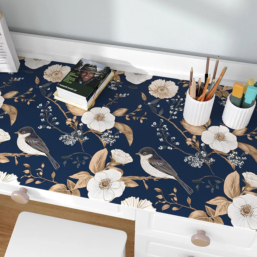 Blue Birds Wallpaper Peel and Stick Floral Botanical Contact Paper 17.5" x 118" Vintage Trees Flowers Wall Mural Boho Wallpaper Removable Self Adhesive Waterproof for Room Shelves Cabinet Drawer