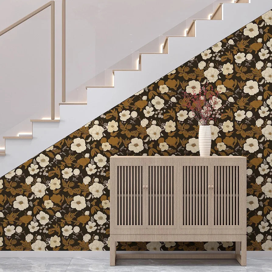 Dark Brwon Floral Wallpaper Peel and Stick, Beige Flower Contact Paper With Yellow Leaf, Botanical Wall Paper Self Adhesive Waterproof Removable for Room Shelves Cabinet Drawer Table 17.5" x 118"