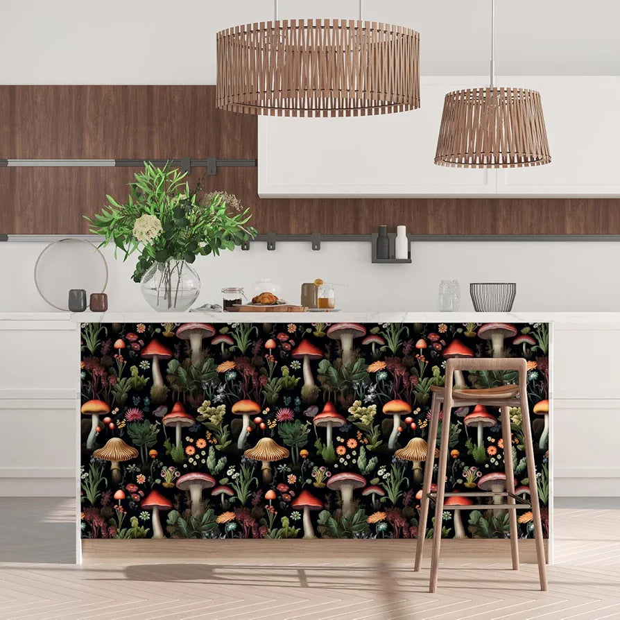 Mushrooms Wallpaper Peel and Stick, Vintage Dark Contact Paper 17.5" x 118", Boho Floral Wall Paper Mural Removable Self Adhesive Waterproof for Room Shelves Cabinet Drawer Table