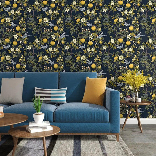 Birds Wallpaper Peel and Stick, Floral Contact Paper, Trees Friuts Flowers Wall Mural Removable Self Adhesive Waterproof for Room Shelves Cabinet Drawer Table 17.5" x 118"