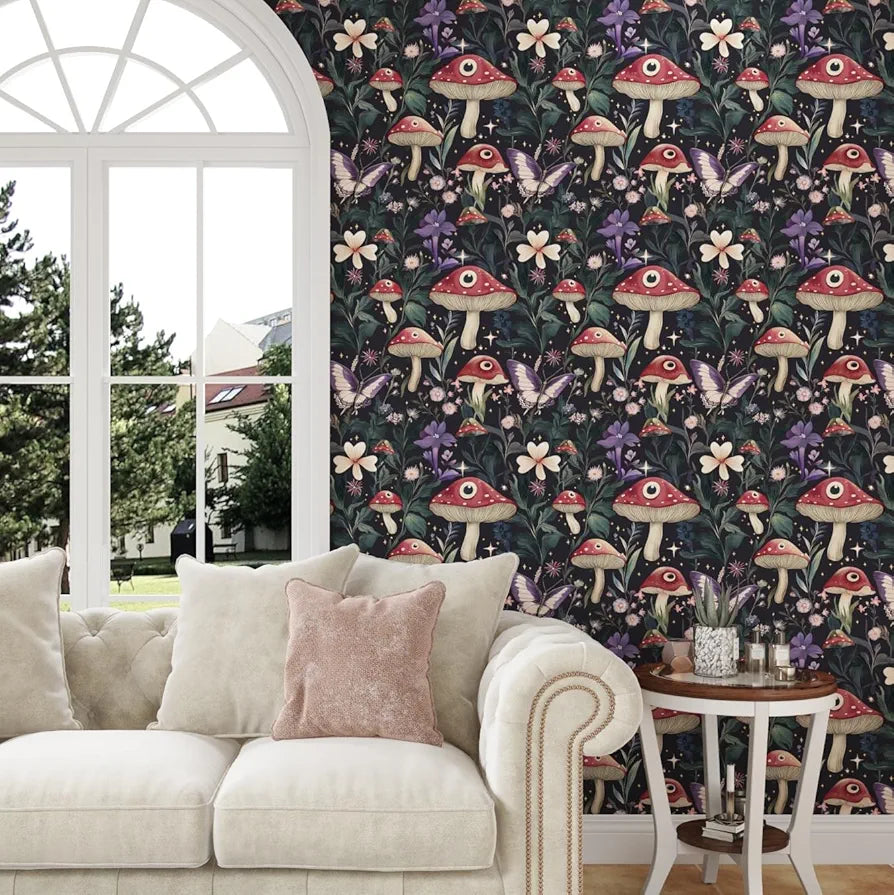 Fairy Mushroom Wallpaper Peel and Stick Boho Wallpaper 17.5in x118in Vintage Contact Paper Vinyl Self Adhesive Dark Floral Modern Wall Paper for Bedroom Cabinet Table Locker