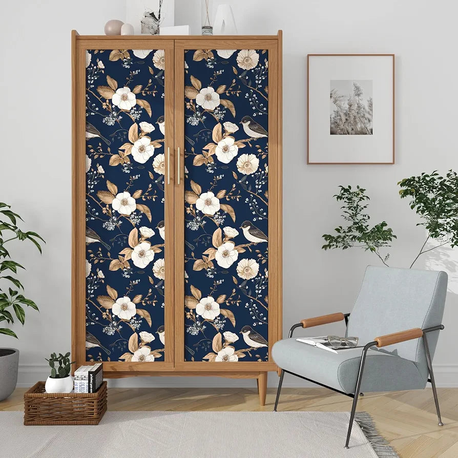 Blue Birds Wallpaper Peel and Stick Floral Botanical Contact Paper 17.5" x 118" Vintage Trees Flowers Wall Mural Boho Wallpaper Removable Self Adhesive Waterproof for Room Shelves Cabinet Drawer