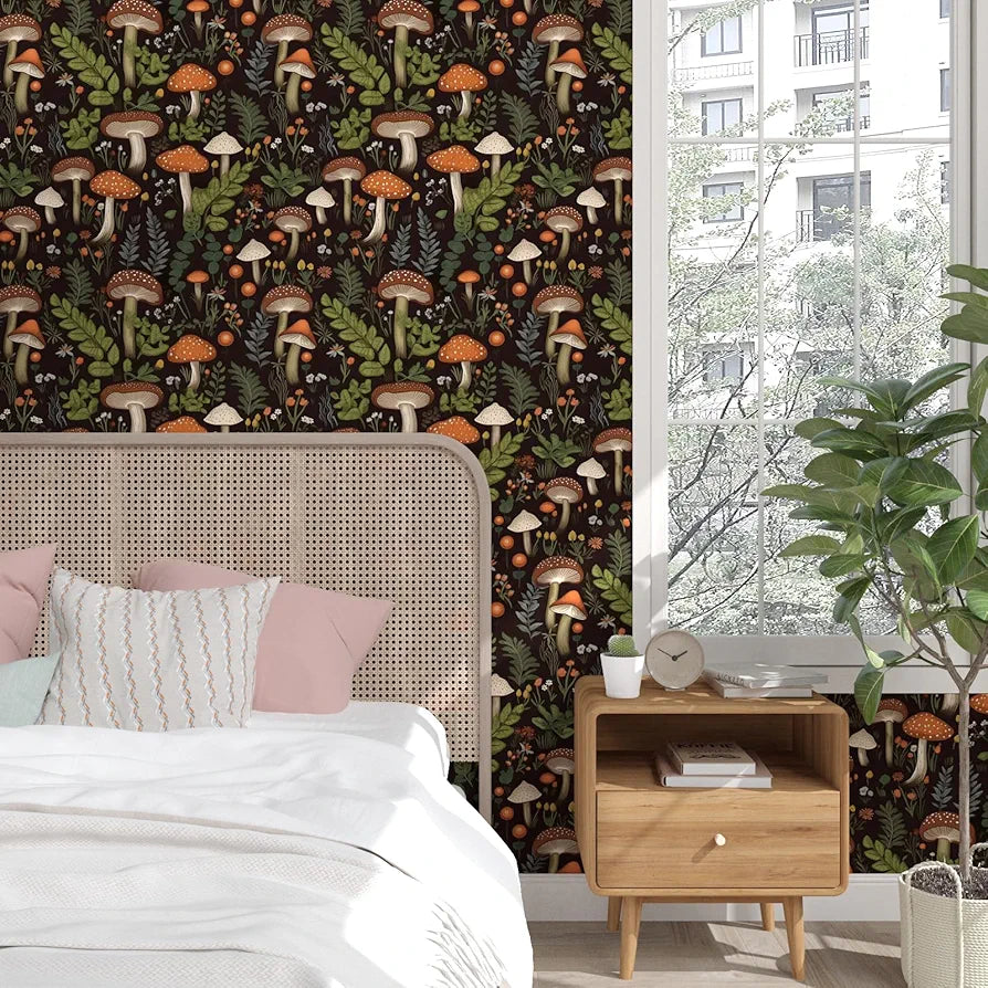 Mushroom Wallpaper Peel and Stick, Dark Boho Contact Paper 17.5" x 118", Vintage Floral Wall Paper Self Adhesive Removable Waterproof for Room Shelves Cabinet Drawer Table