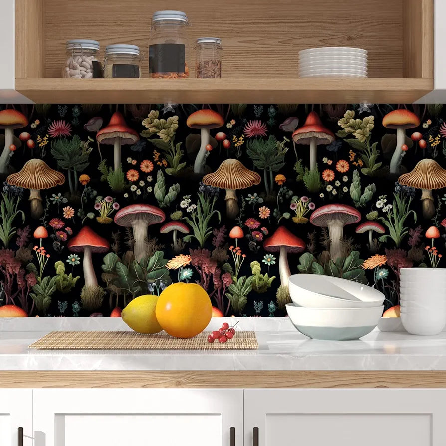 Mushrooms Wallpaper Peel and Stick, Vintage Dark Contact Paper 17.5" x 118", Boho Floral Wall Paper Mural Removable Self Adhesive Waterproof for Room Shelves Cabinet Drawer Table