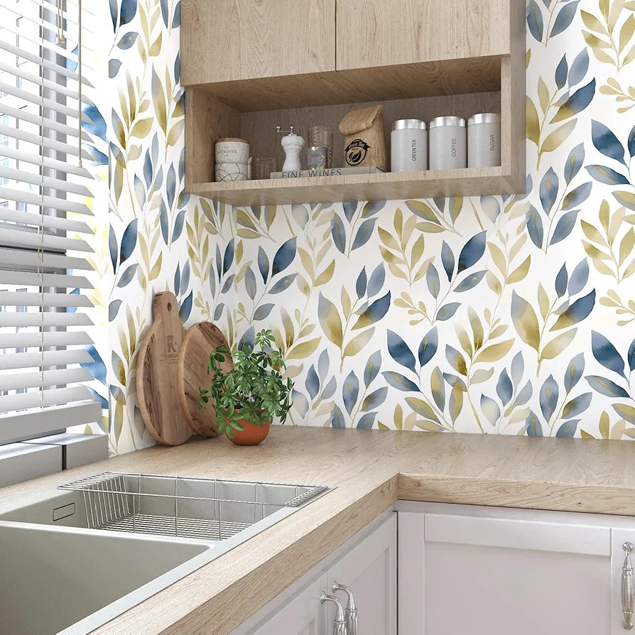 Leaf Wallpaper Peel and Stick, Golden Blue Leaves Contact Paper 17.5" x 118", White Gold Botanical Wall Paper Self Adhesive Waterproof Removable for Room Shelves Cabinet Drawer Table Decor