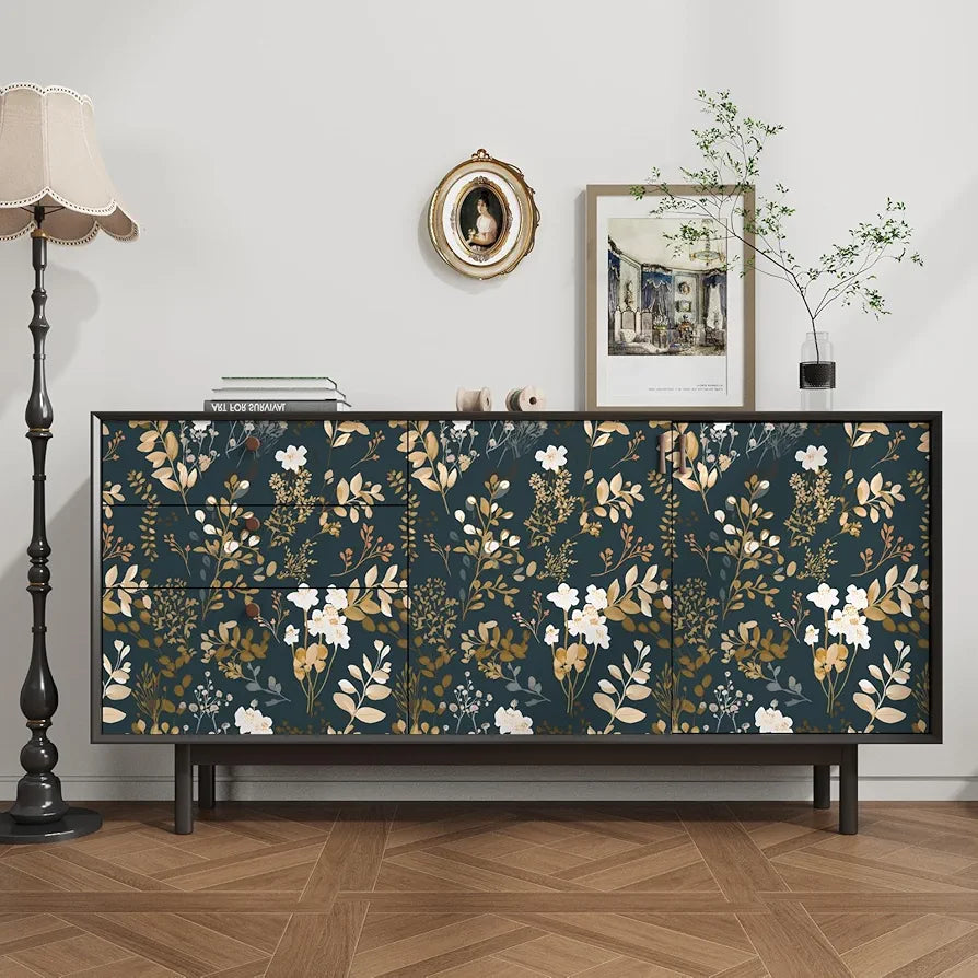Floral Wallpaper Peel and Stick Boho Wallpaper Vintage Blue/Gold Leaf Contact Paper Waterproof Self Adhesive Modern Wall Paper for Cabinet Walls Kitchen 17.5in x118in