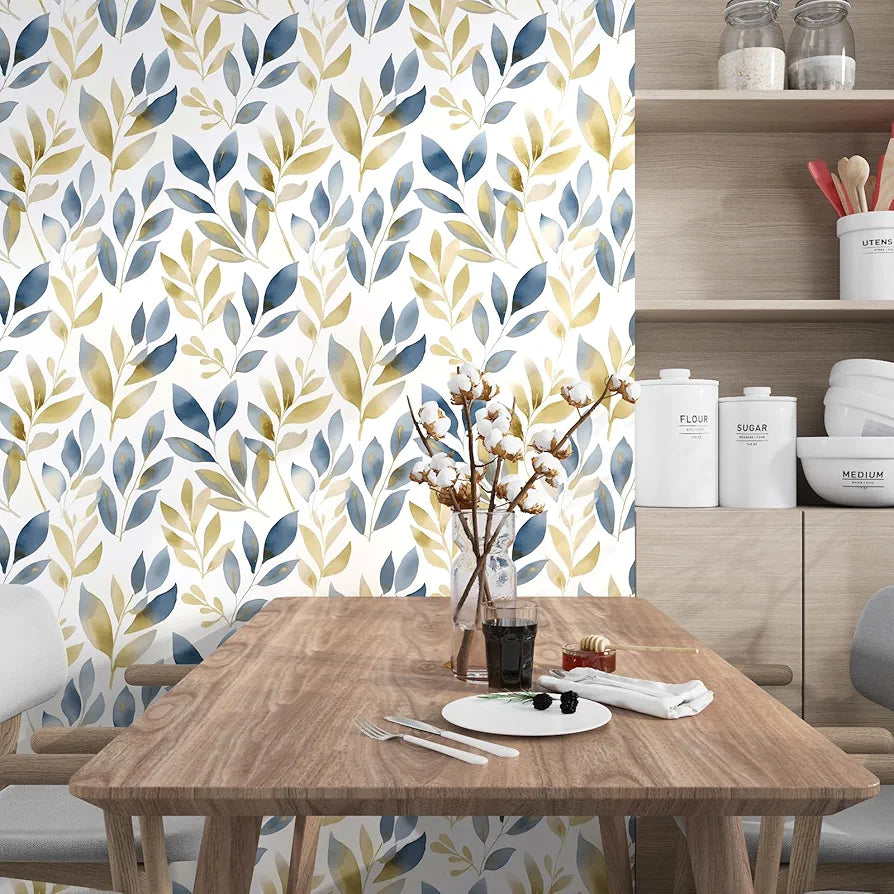 Leaf Wallpaper Peel and Stick, Golden Blue Leaves Contact Paper 17.5" x 118", White Gold Botanical Wall Paper Self Adhesive Waterproof Removable for Room Shelves Cabinet Drawer Table Decor
