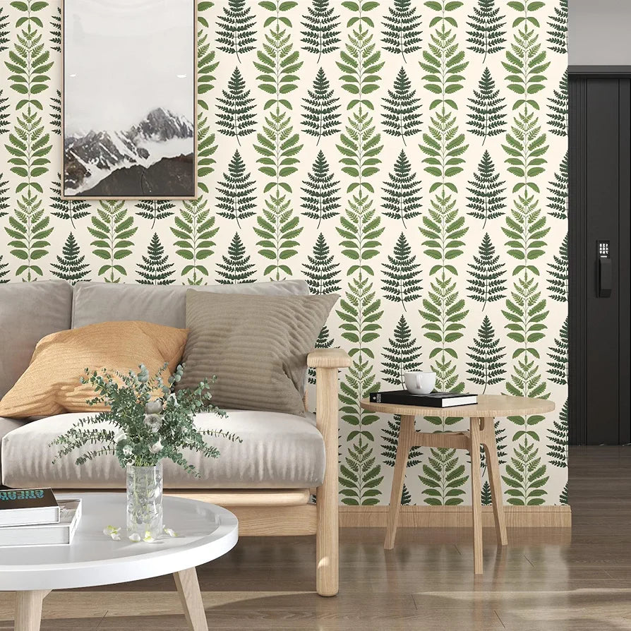 Green Leaf Wallpaper Peel and Stick, Muted Beige Botanical Leaves Contact Paper, Modern Vinyl Boho Wall Paper Self Adhesive Waterproof for Bedroom Cabinet Shelf Drawer Table Countertop 17.5" x 118"