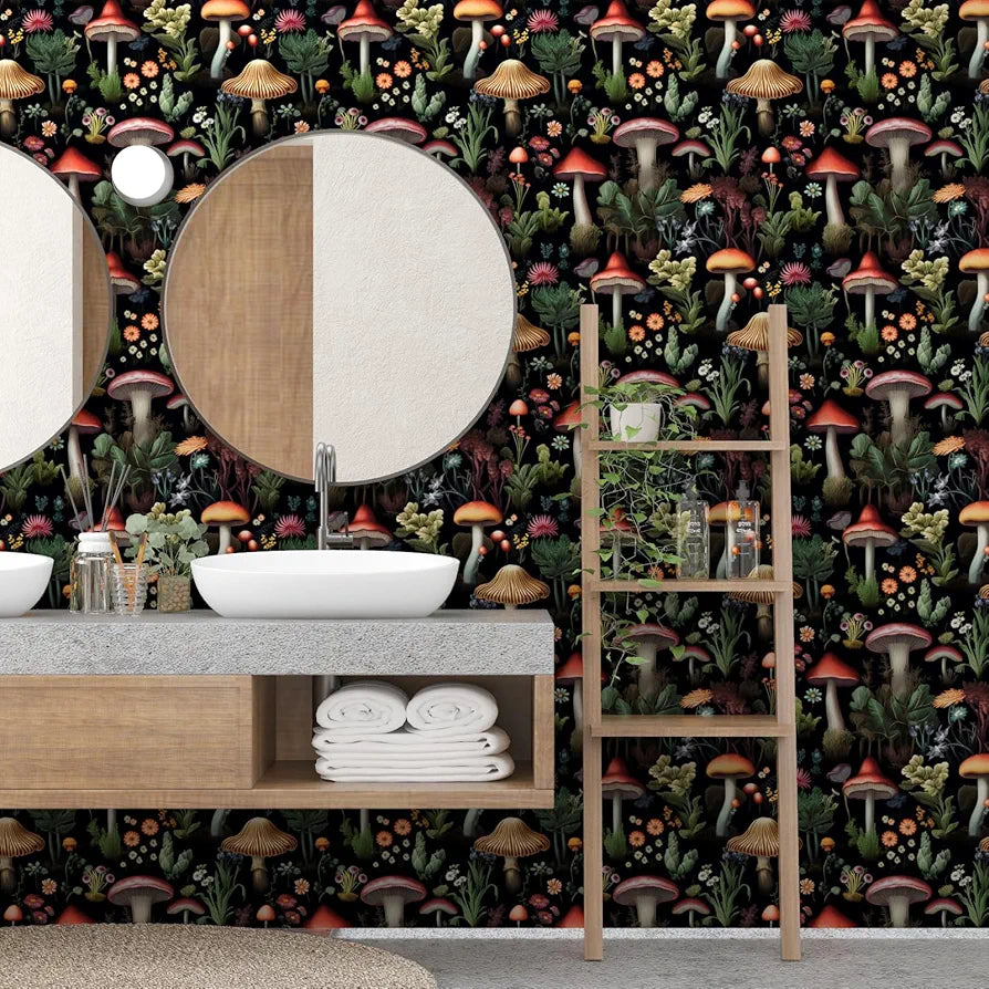 Mushrooms Wallpaper Peel and Stick, Vintage Dark Contact Paper 17.5" x 118", Boho Floral Wall Paper Mural Removable Self Adhesive Waterproof for Room Shelves Cabinet Drawer Table