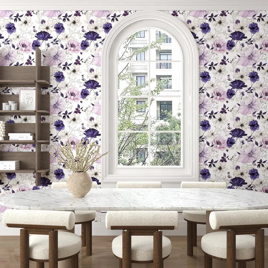 Floral Peel and Stick Wallpaper,Purple/White/Pink Watercolor Flower Contact Paper, Botanical Wall Paper Mural Self Adhesive Removable Waterproof for Bedroom Shelves Cabinet Drawer Table 17.5" x 118"