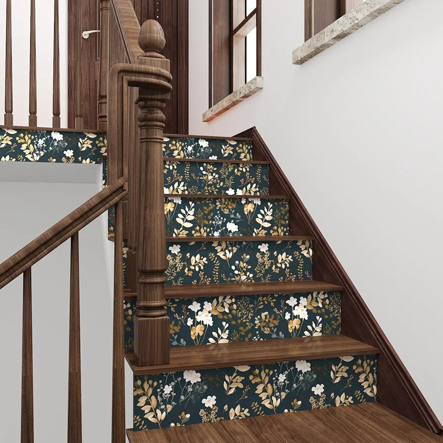 Floral Wallpaper Peel and Stick Boho Wallpaper Vintage Blue/Gold Leaf Contact Paper Waterproof Self Adhesive Modern Wall Paper for Cabinet Walls Kitchen 17.5in x118in