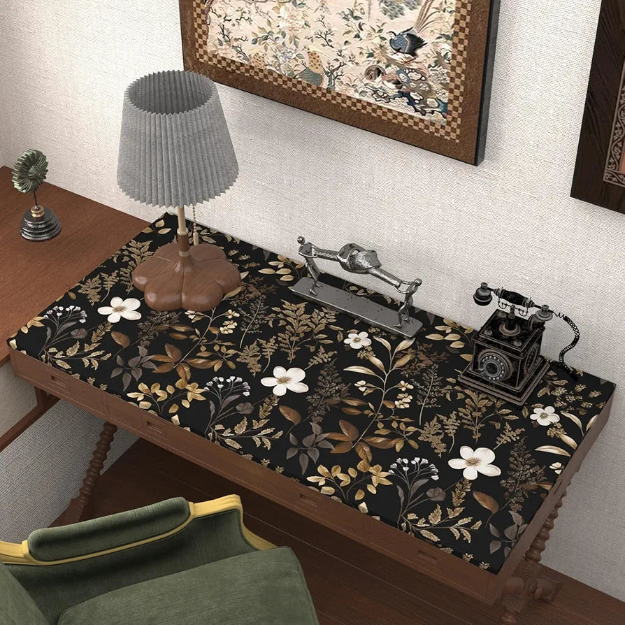 Black Floral Wallpaper Peel and Stick Boho Wallpapers 17.5" x 118" Gold Leaf Contact Paper for Cabinets Waterproof Self Adhesive Removable Wall Paper for Kitchen Table Countertop Walls