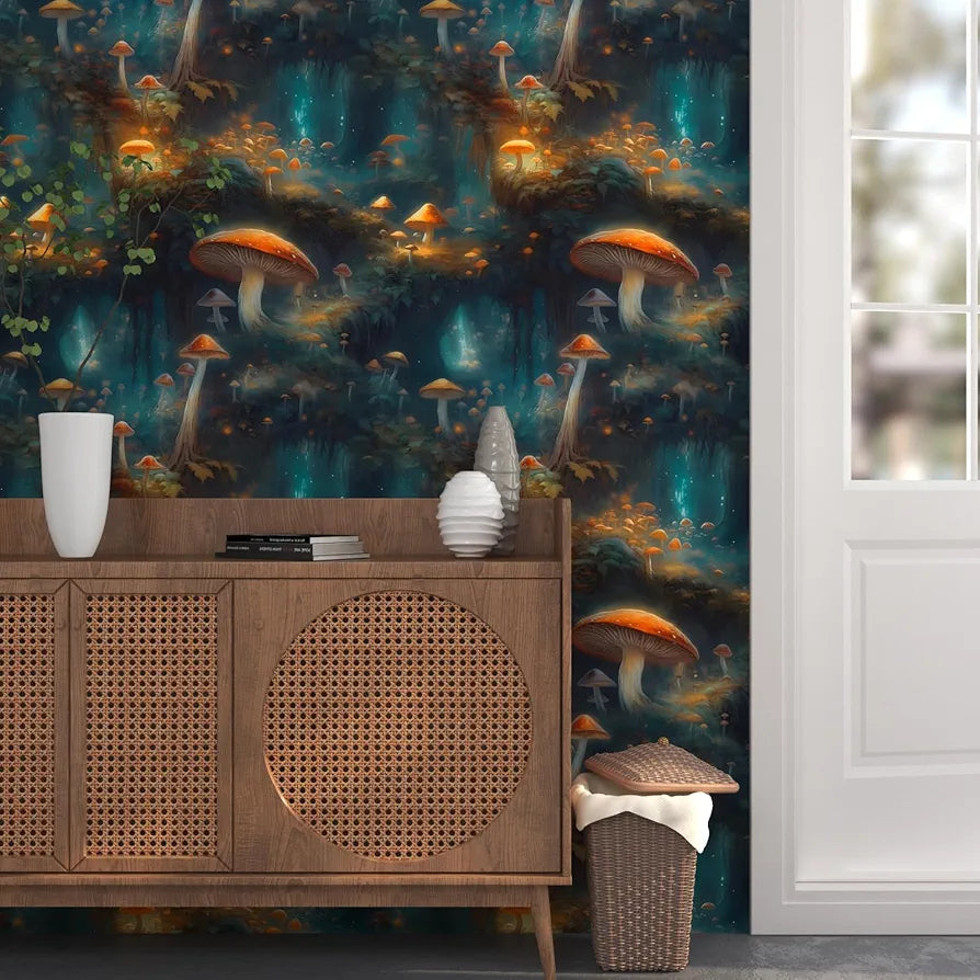 Wonderland Mushroom Wallpaper Peel and Stick, Bule/Orange Mystic Contact Paper, Botanical Boho Wall Paper Self Adhesive Waterproof Removable for Room Shelves Cabinet Drawer Table Decor 17.5" x 118"