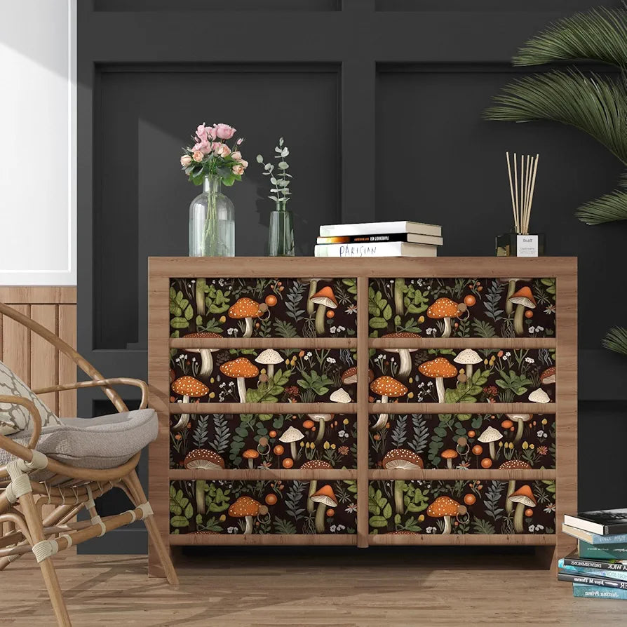 Mushroom Wallpaper Peel and Stick, Dark Boho Contact Paper 17.5" x 118", Vintage Floral Wall Paper Self Adhesive Removable Waterproof for Room Shelves Cabinet Drawer Table